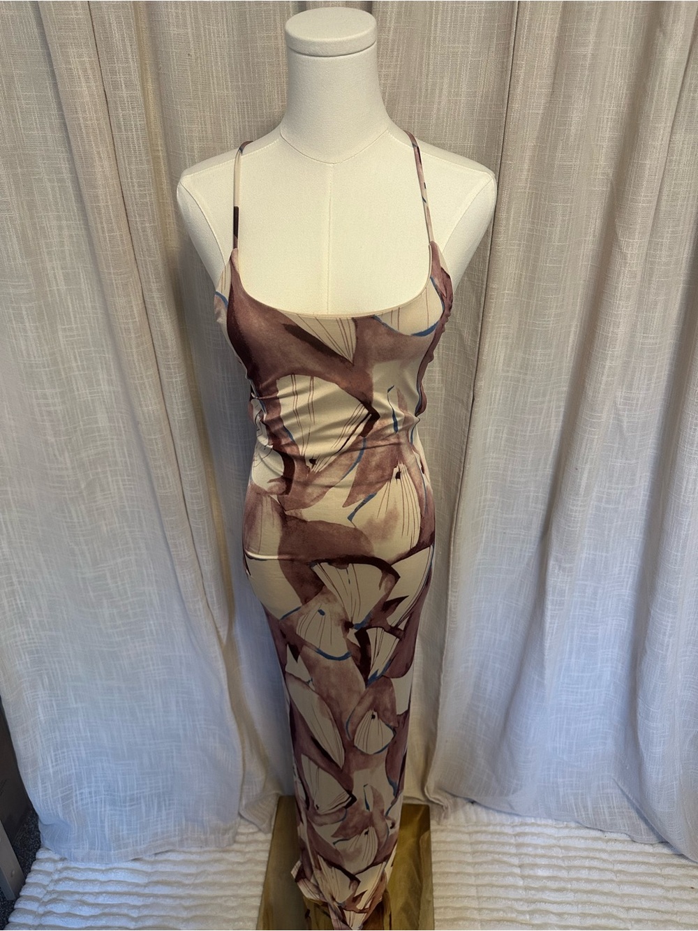 Codigo Abstract Print Slip Maxi Dress in Beige and Lavender